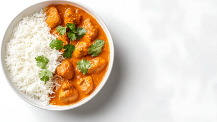 A beautifully plated Indian butter chicken curry (Murgh Makhani) in a white ceramic bowl, with a side of fluffy basmati rice. The curry is rich, with vibrant orange hues
