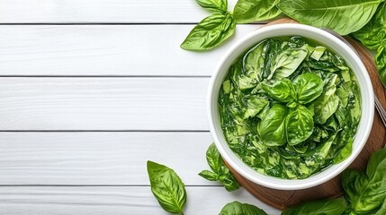 Obraz premium Basil pesto in bowl on wooden board. Fresh green background. Culinary herb ingredient, recipe use
