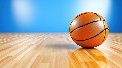 Obraz premium Basketball on shiny wooden floor. Spotlight on bright blue wall. Sports equipment close-up