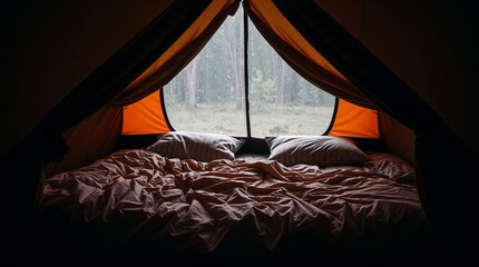 A cozy tent interior with soft bedding and pillows, seen through a wet rainy scene