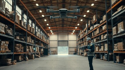 illustration of a warehouse, drone, and worker using a tablet for inventory management. Charming features, playful style.
