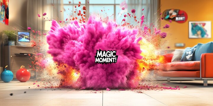 comic explosion with magic moment text bright purple
