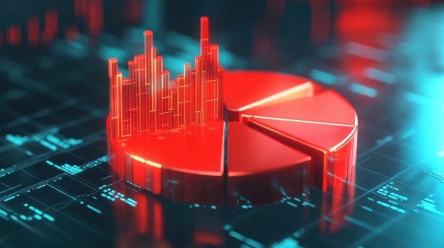 3D visual representation of data analytics with red pie chart and bar graph on digital screen