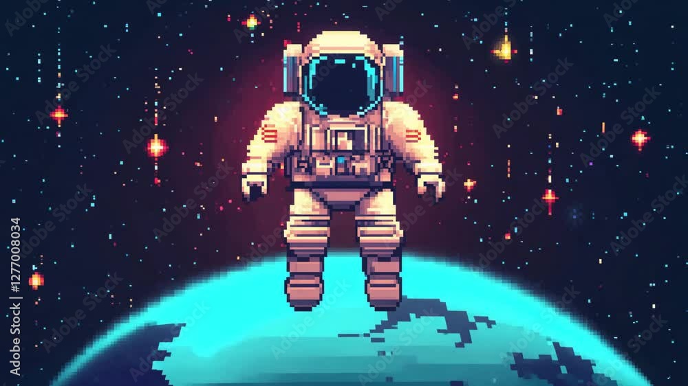 Aufkleber an astronaut floats through a colorful cosmic environment featuring stars and planets in retro pixel
