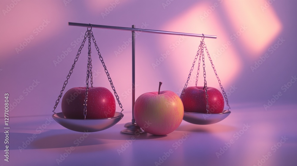 Poster a balanced scale with red apples on each side, featuring a single apple in the foreground, set in a 