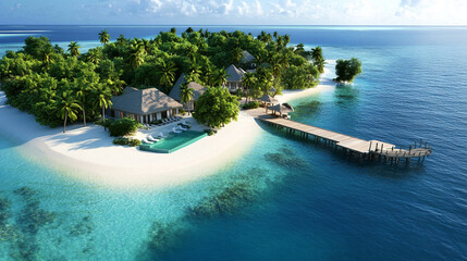 Luxury private island resort with wooden pier in tropical paradise. Aerial view of exotic island villa with crystal clear waters