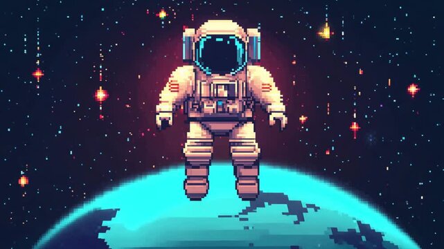 An astronaut floats through a colorful cosmic environment featuring stars and planets in retro pixel art style