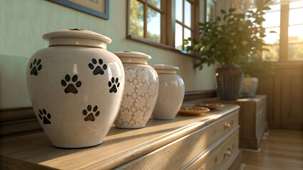  Pet urns with paw prints on a wooden dresser in a sunlit room.