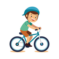 a flat illustration of a boy cycling with a green color shirt and cap blue cycle