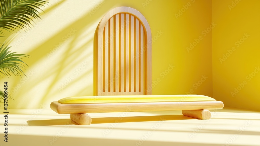 Poster bench in sunny yellow room with palm tree shadows. studio set for product display