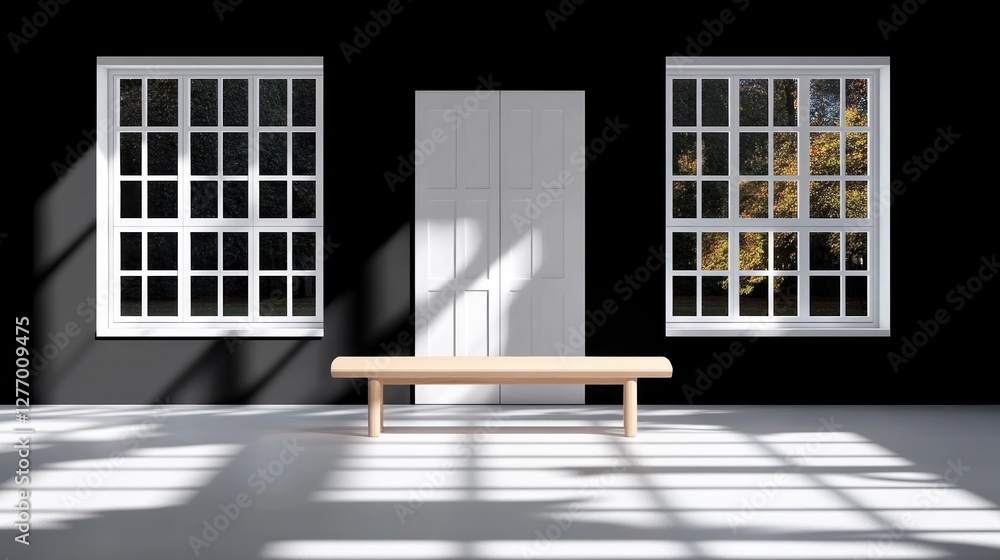 Poster bench in front of a door with windows to show an autumnal forest for a minimalist design project
