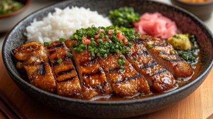 Deliciously Grilled Chicken with Rice and Green Onions. Generative AI