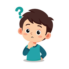 a flat illustration of a child thinking with blue t shirt thinking face