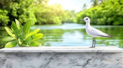 Bird stands on marble, with tropical river background. Mockup for travel or environmental awareness