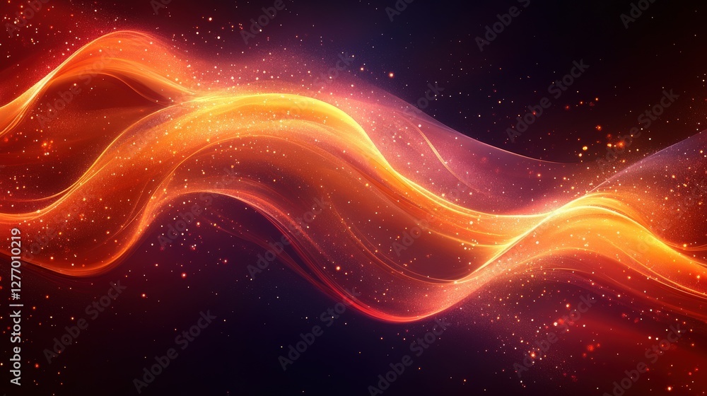 Poster abstract flowing waves of orange and red light with sparkling particles against a dark background
