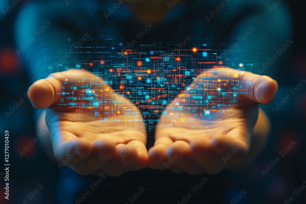 Poster hands of innovation showcasing a digital network of lights and data in a creative display
