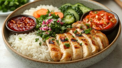 Grilled Chicken with Rice Vegetables and Spicy Sauce. Generative AI