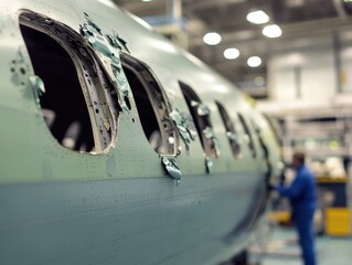 Airplane Undergoing Maintenance: Damaged Aircraft Fuselage in Hangar