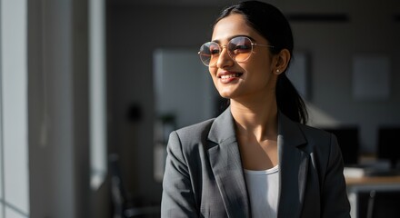 beautiful smile woman wearing a business suit, standing in the office, sunshine, with a little bit of blurred background with copy space
