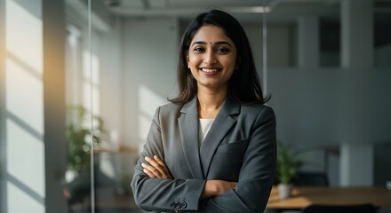 beautiful smile woman wearing a business suit, standing in the office, sunshine, with a little bit of blurred background with copy space