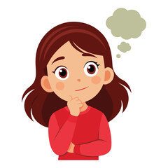 a flat illustration of a girl thinking red shirt right hand under chin brown hair