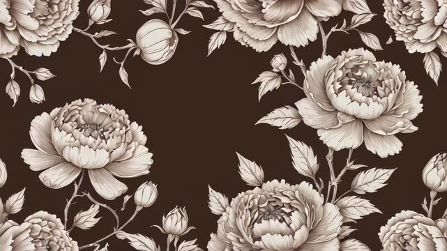 Animated white peony flowers on a mocha mousse background move from the center to the edge