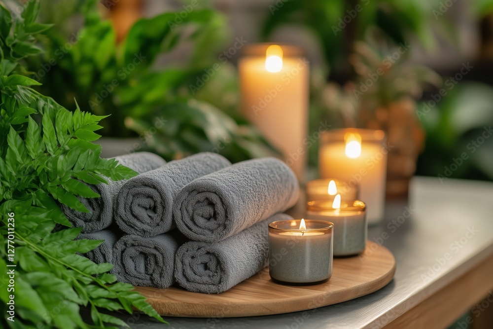 Poster relaxing spa setting with candles and towels surrounded by greenery for a calming experience