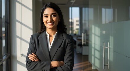 beautiful smile woman wearing a business suit, standing in the office, sunshine, with a little bit of blurred background with copy space