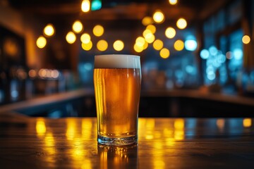 Craft Beer Glass Illuminated by Warm Lights in a Cozy Bar Setting During the Evening Hours