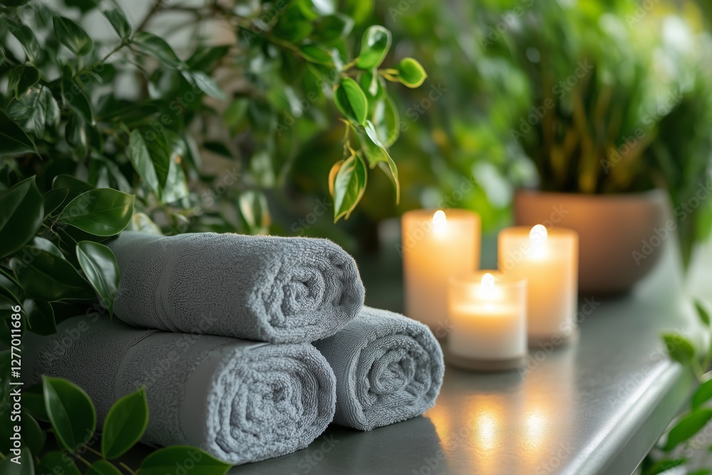Poster relaxing spa setting with candles and towels surrounded by greenery for a calming experience
