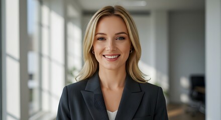 beautiful smile woman wearing a business suit, standing in the office, sunshine, with a little bit of blurred background with copy space