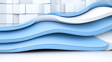 Blue and white abstract waves against a cube backdrop. Creative design concept