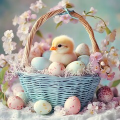 Little chicks in a basket surrounded by pastel-coloured flowers.