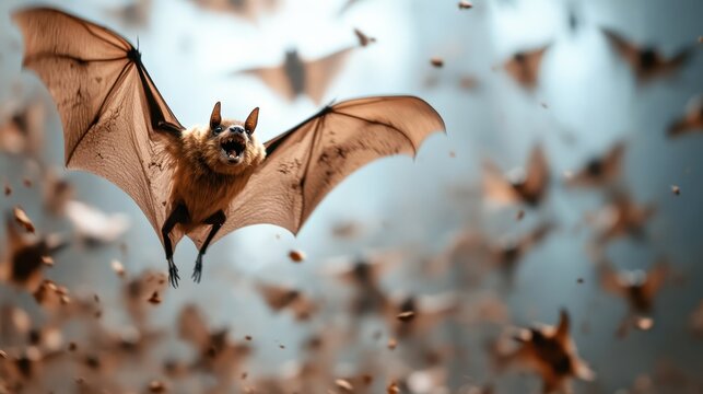 A stunning image capturing a bat in mid-flight, surrounded by a dynamic swarm of fellow bats, emphasizing the beauty and mystique of these nocturnal creatures within nature.