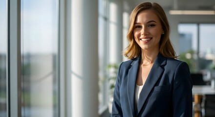 beautiful smile woman wearing a business suit, standing in the office, sunshine, with a little bit of blurred background with copy space