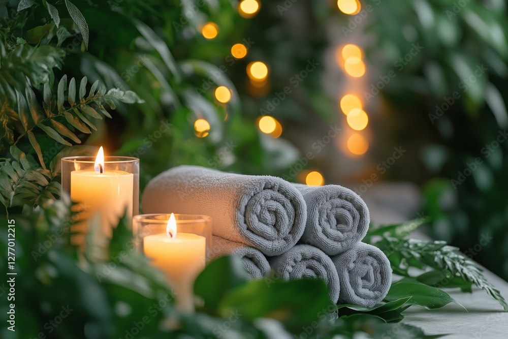 Poster relaxing spa setting with candles and towels surrounded by greenery for a calming experience