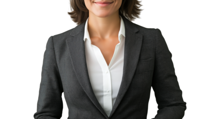 HR manager in a smart-casual dark gray blazer, white button-up shirt, warm and inviting smile, isolated PNG