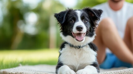 Fototapeta premium An adorable black and white puppy with bright eyes lays on a soft surface, radiating happiness and charm, showcasing the affectionate bond between dogs and their owners.