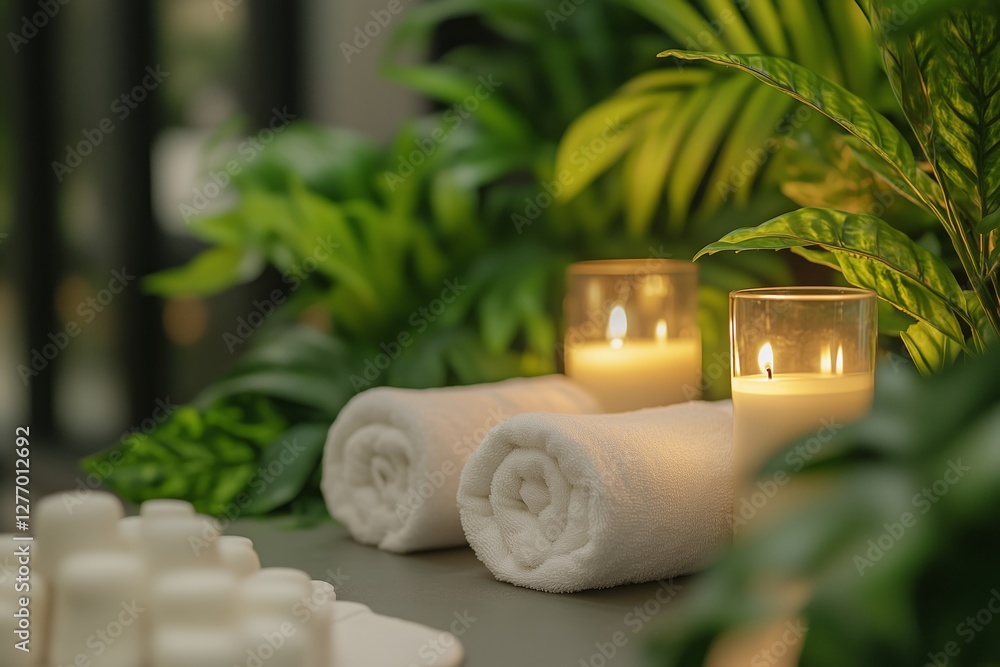 Poster relaxing spa setting with candles and towels surrounded by greenery for a calming experience