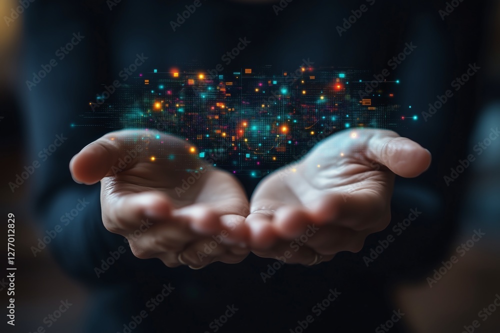 Poster hands of innovation showcasing a digital network of lights and data in a creative display