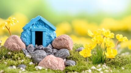 Naklejka premium Blue Miniature House with Flowers. Ideal for real estate or property