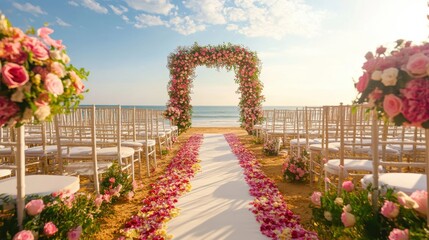 Obraz premium Romantic Beach Wedding Setup with Floral Decorations and Chairs