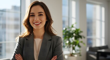 Fototapeta premium beautiful smile woman wearing a business suit, standing in the office, sunshine, with a little bit of blurred background with copy space