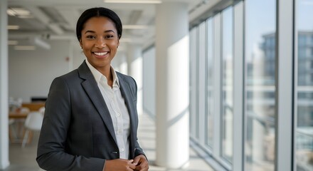 beautiful smile woman wearing a business suit, standing in the office, sunshine, with a little bit of blurred background with copy space