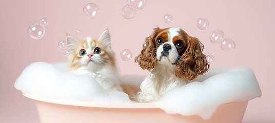 dog and cat bath, AI generated