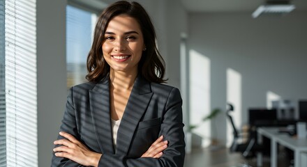 Fototapeta premium beautiful smile woman wearing a business suit, standing in the office, sunshine, with a little bit of blurred background with copy space
