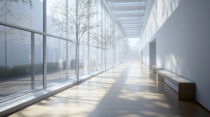 Obraz premium Sunlit modern hallway with trees outside.