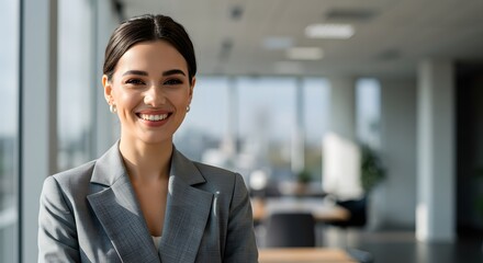 Fototapeta premium beautiful smile woman wearing a business suit, standing in the office, sunshine, with a little bit of blurred background with copy space