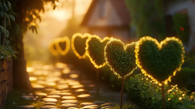 Romantic Garden Pathway with Heart-Shaped Hedge Decorations at Sunset