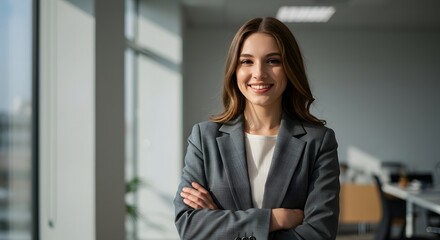 beautiful smile woman wearing a business suit, standing in the office, sunshine, with a little bit of blurred background with copy space